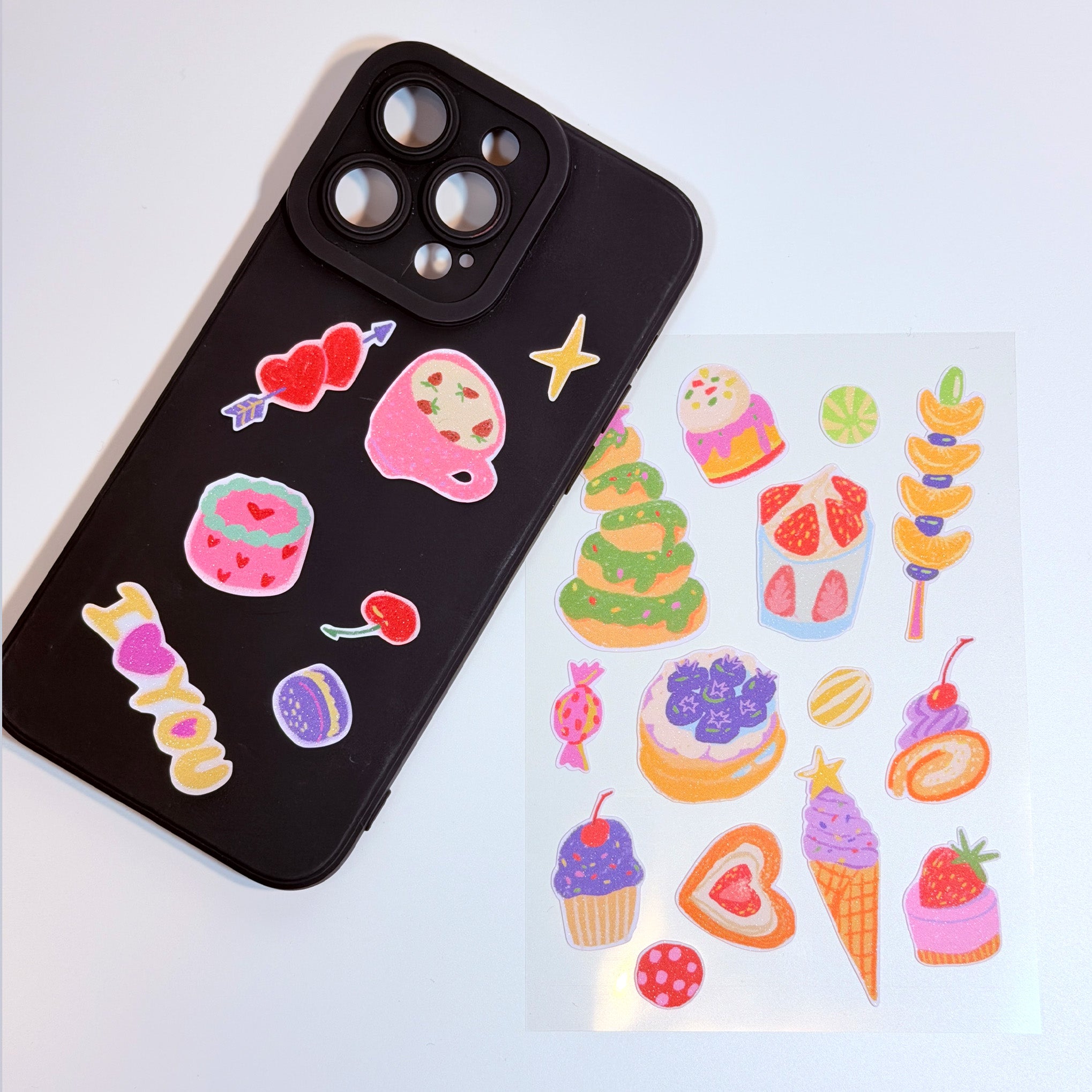 Cute Glitter Illustrated Sticker Sheet  - Cake