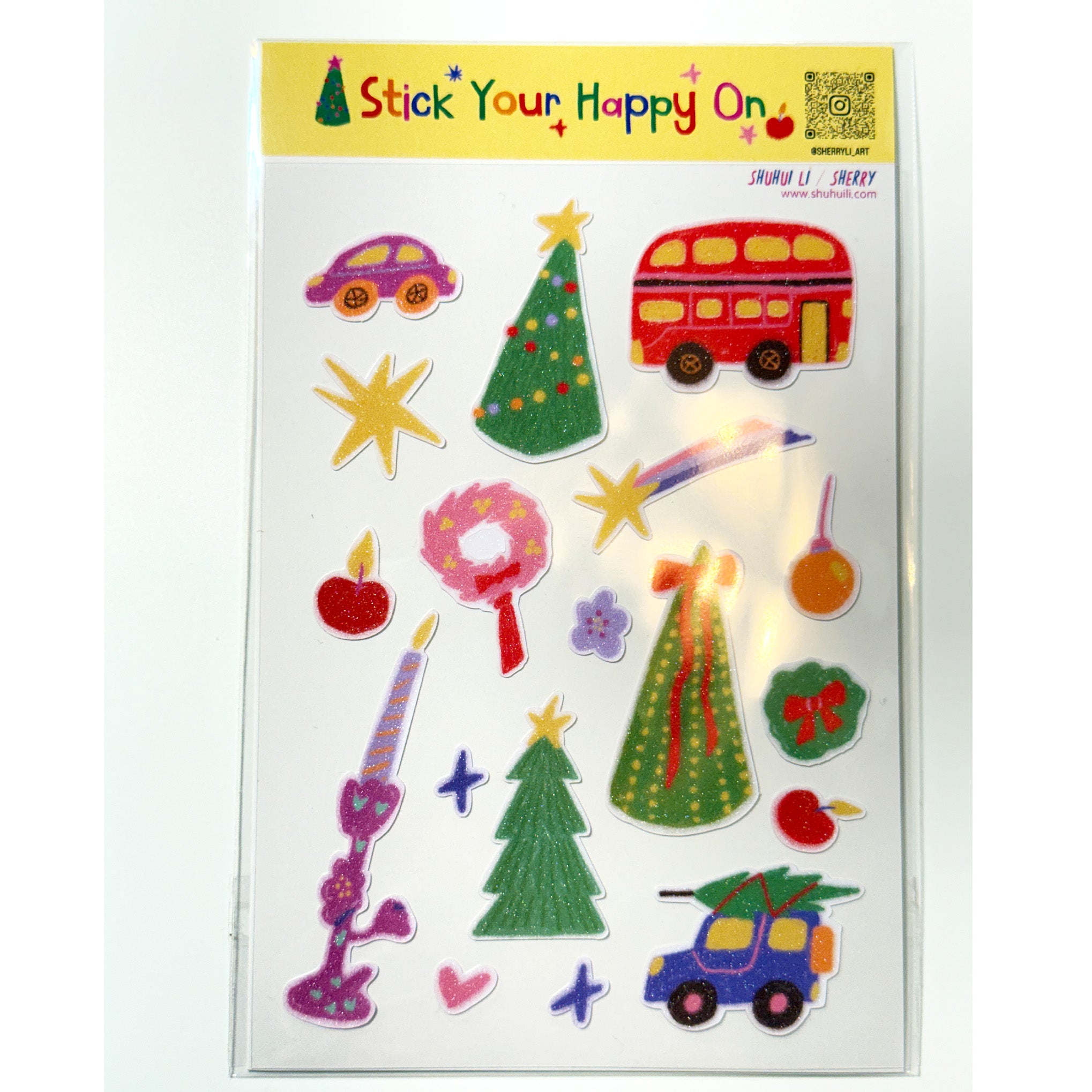 Cute Glitter Illustrated Sticker Sheet - Christmas