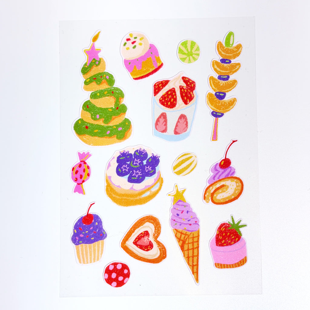 Cute Glitter Illustrated Sticker Sheet  - Cake