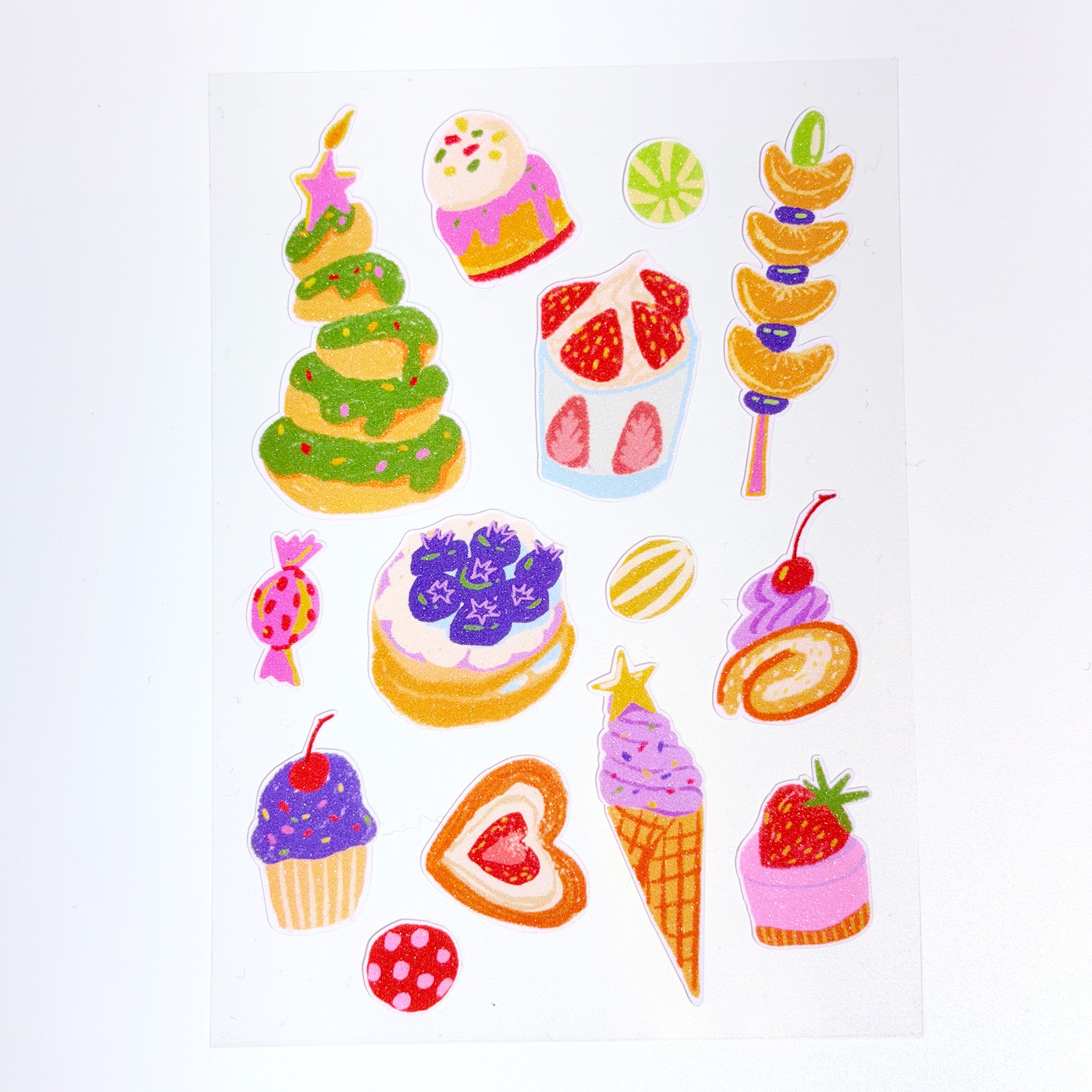Cute Glitter Illustrated Sticker Sheet  - Cake