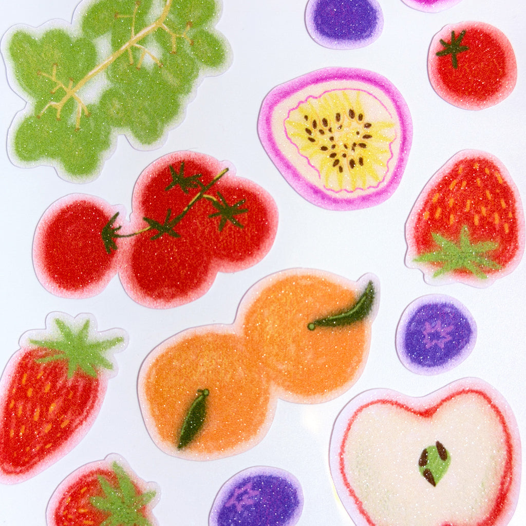 Cute Glitter Illustrated Sticker Sheet  - fruits
