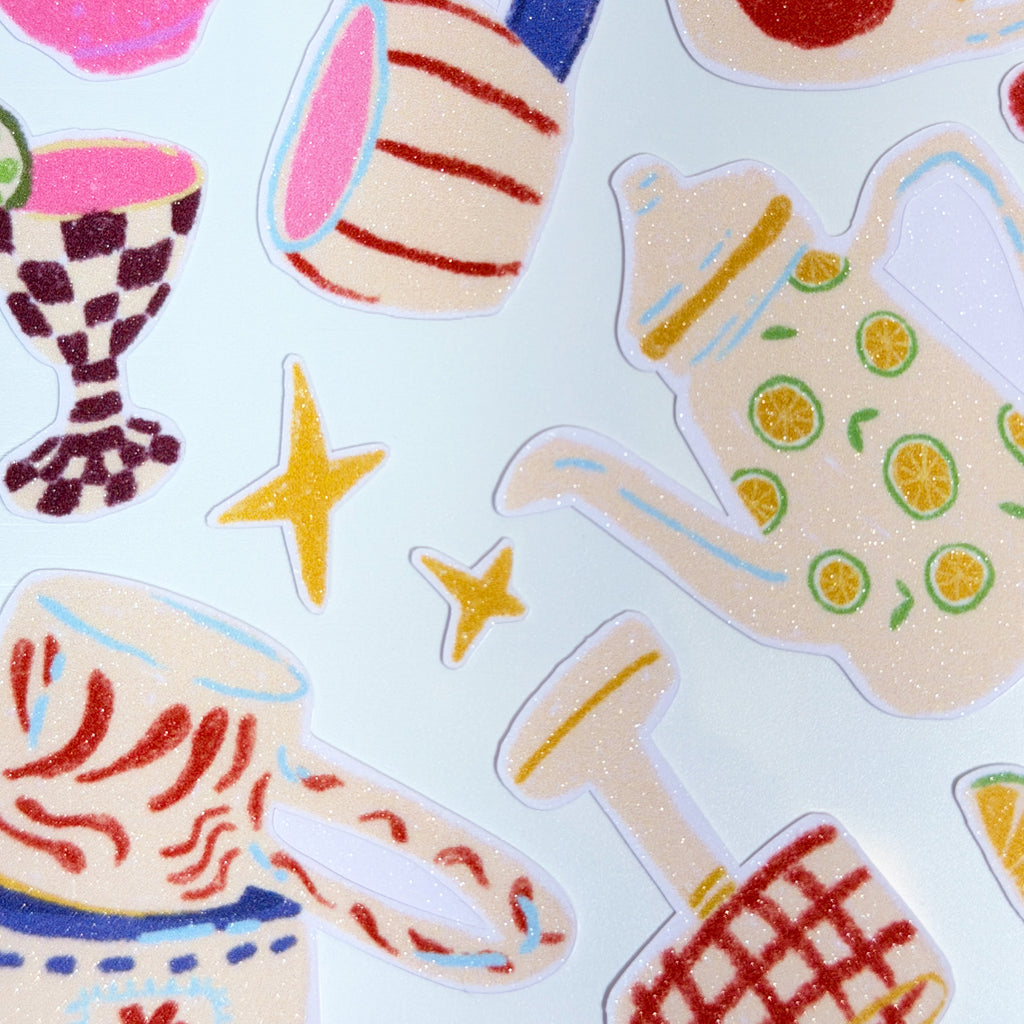 Cute Glitter Illustrated Sticker Sheet  - Cute Coffee Cup
