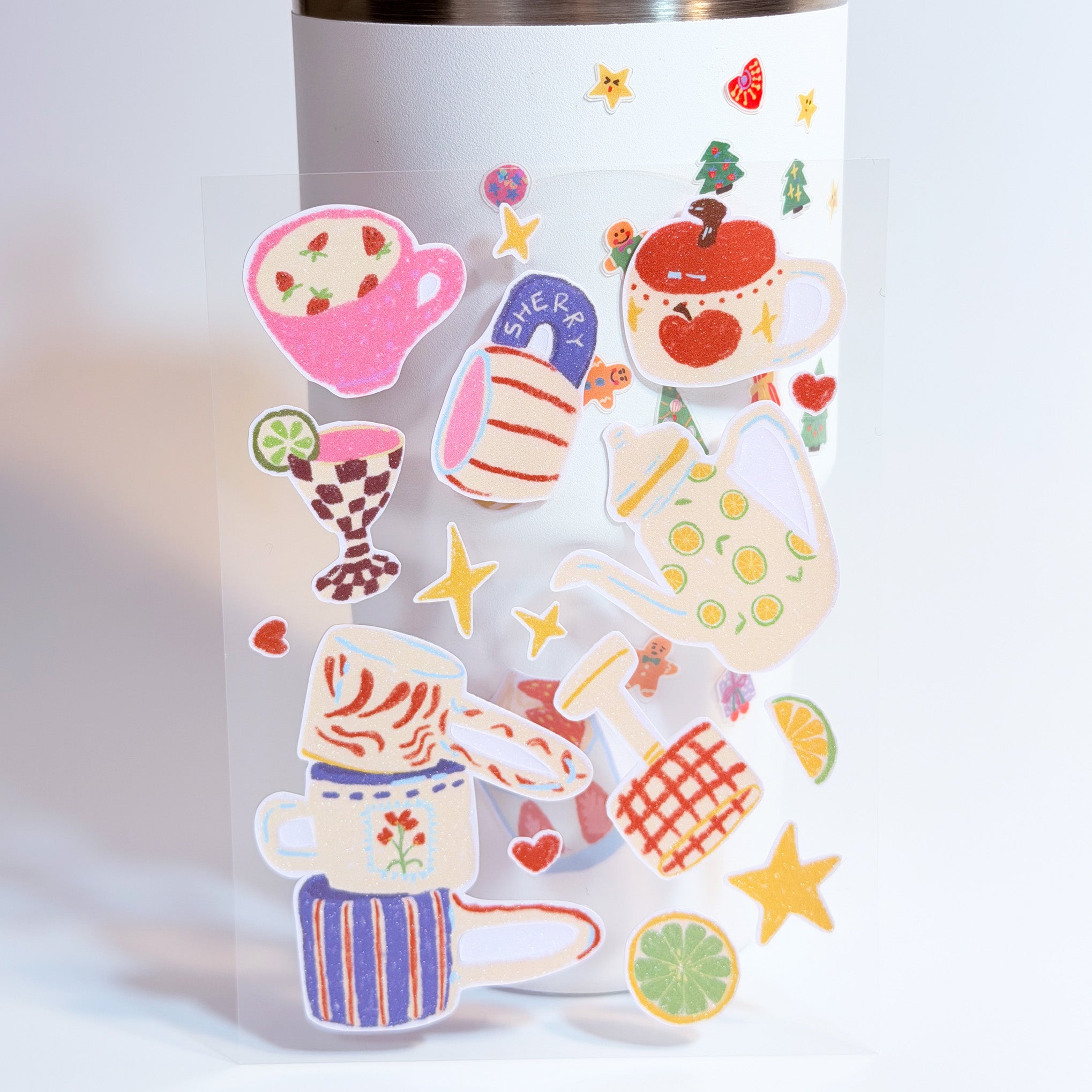 Cute Glitter Illustrated Sticker Sheet  - Cute Coffee Cup