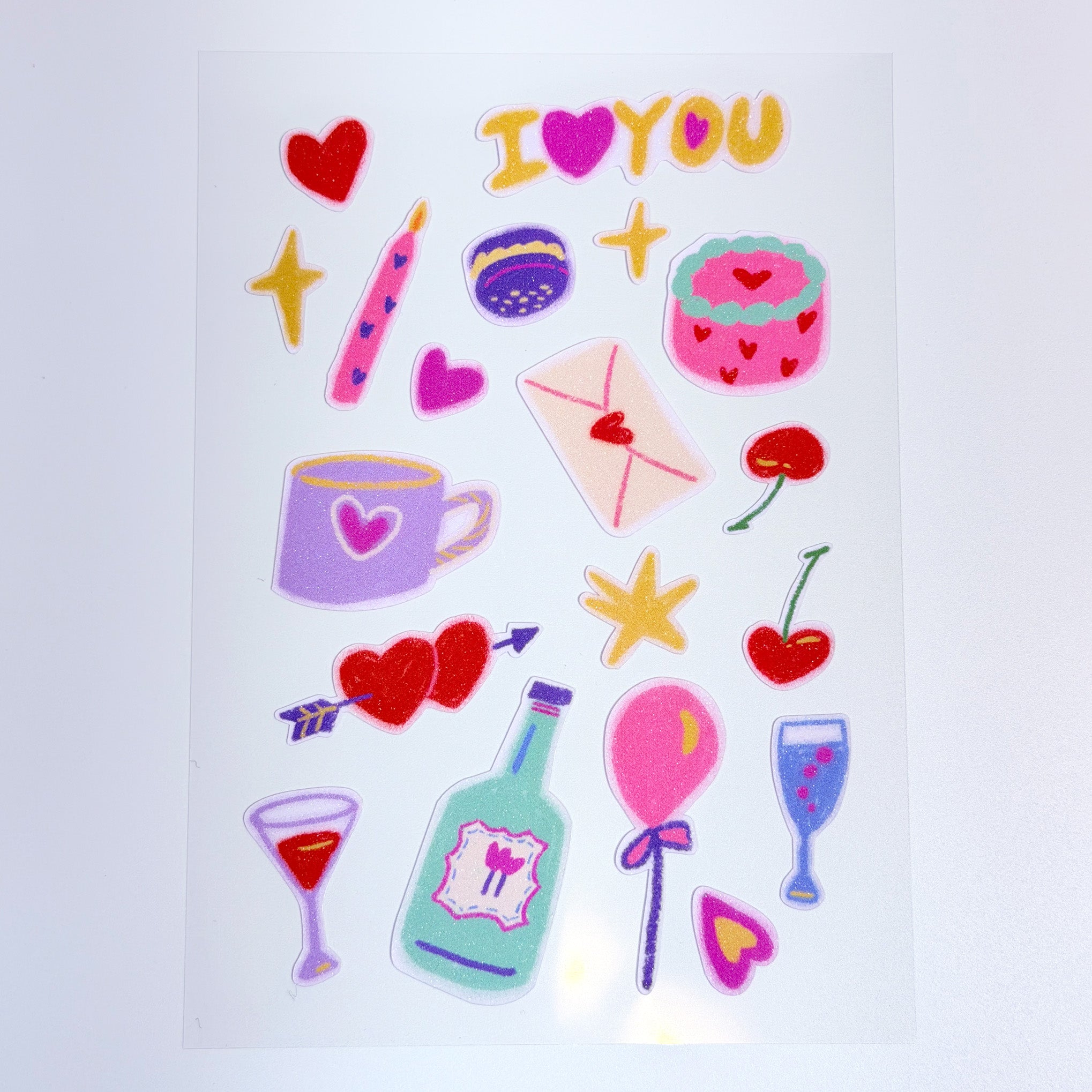Cute Glitter Illustrated Sticker Sheet  - Cute Love & Hearts