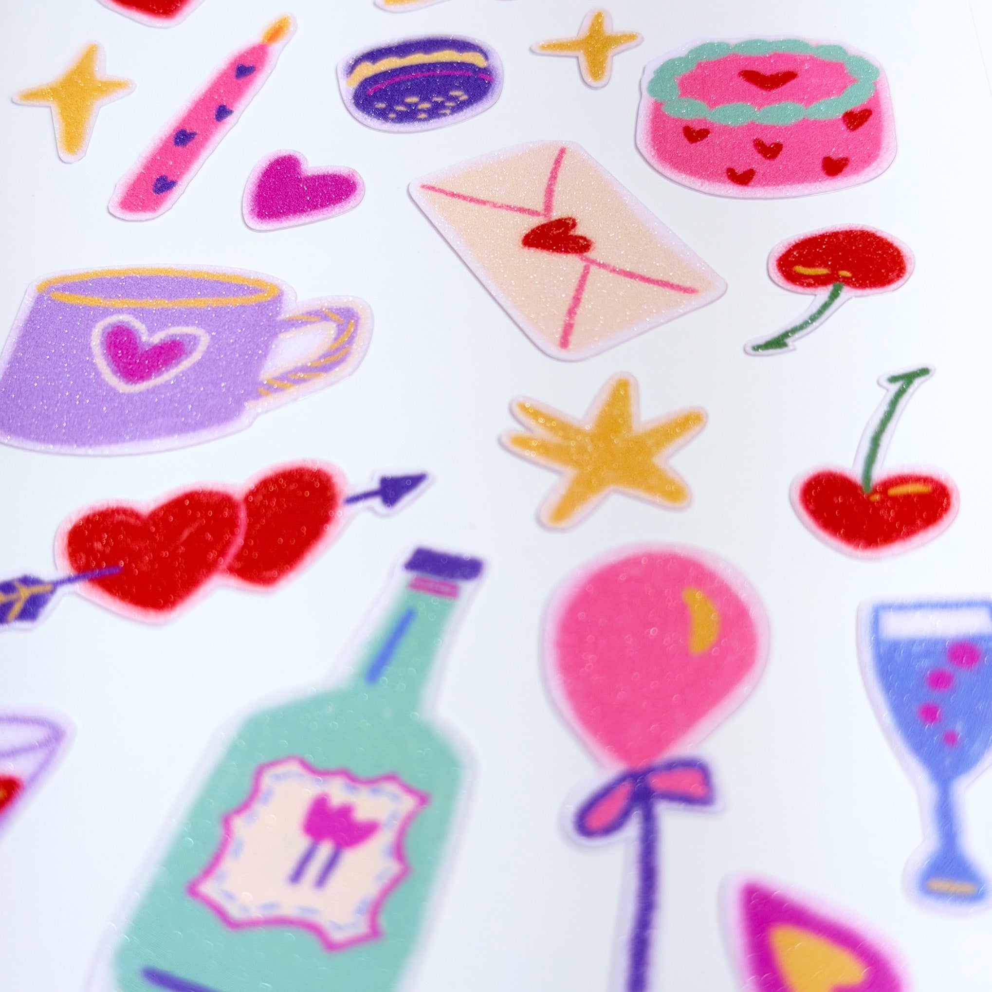 Cute Glitter Illustrated Sticker Sheet  - Cute Love & Hearts