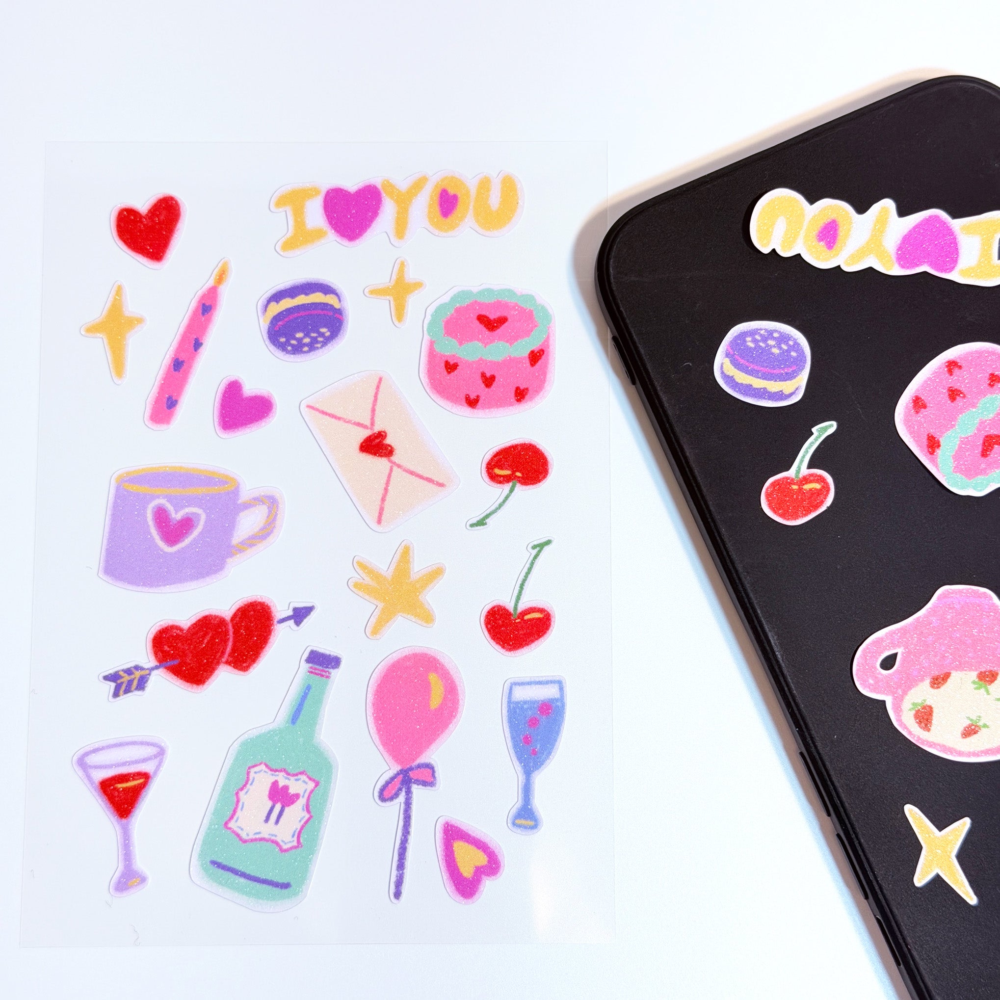 Cute Glitter Illustrated Sticker Sheet  - Cute Love & Hearts