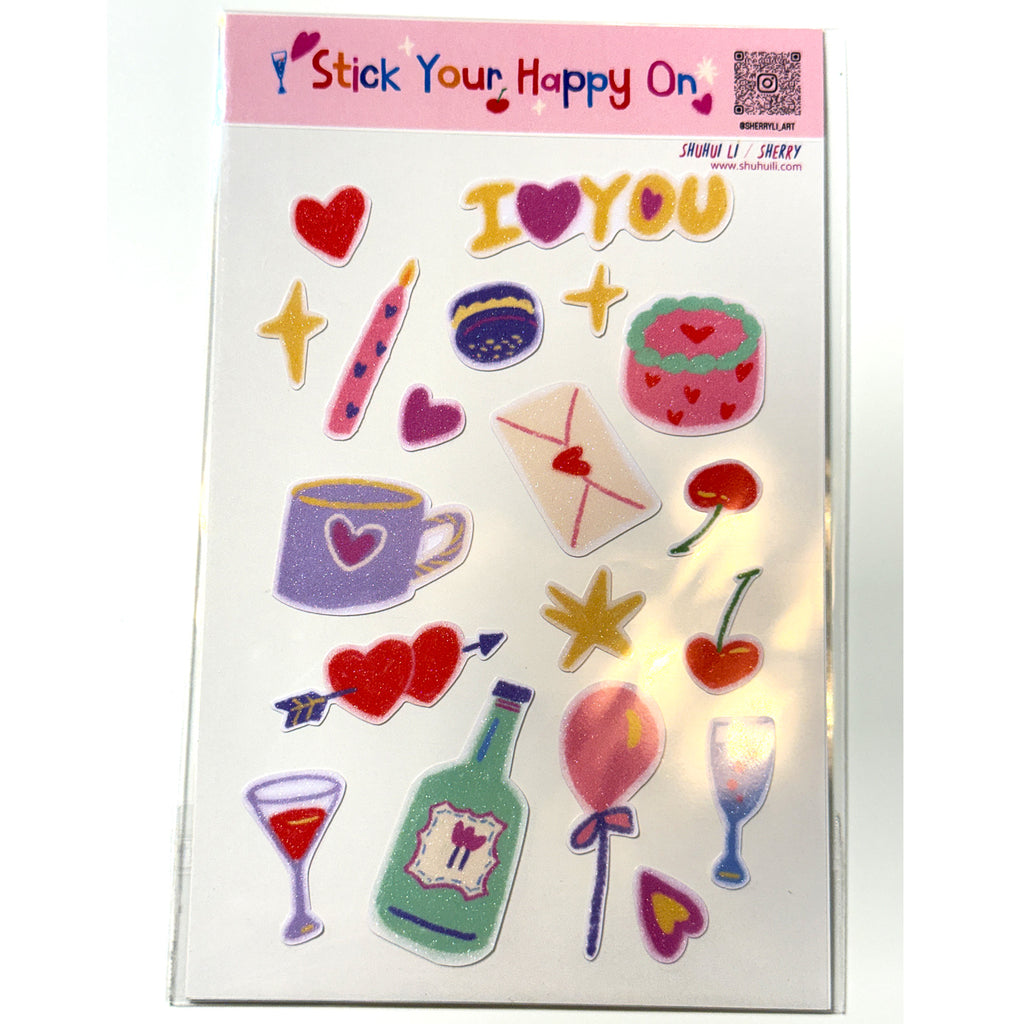 Cute Glitter Illustrated Sticker Sheet  - Cute Love & Hearts