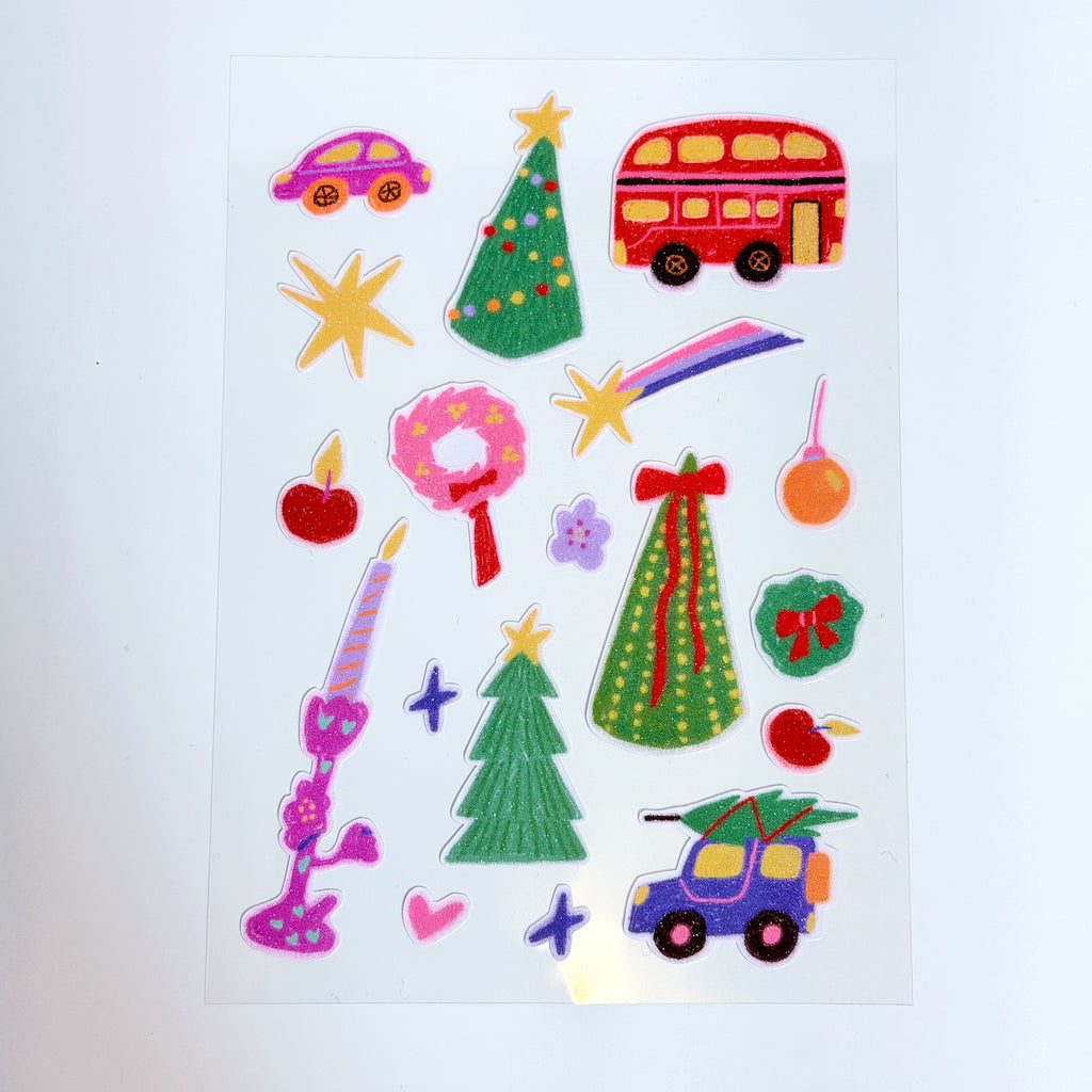 Cute Glitter Illustrated Sticker Sheet - Christmas