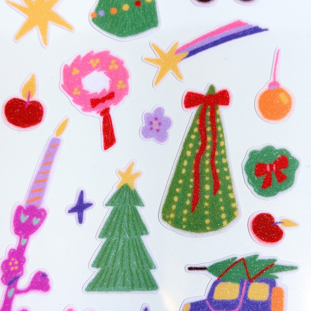 Cute Glitter Illustrated Sticker Sheet - Christmas