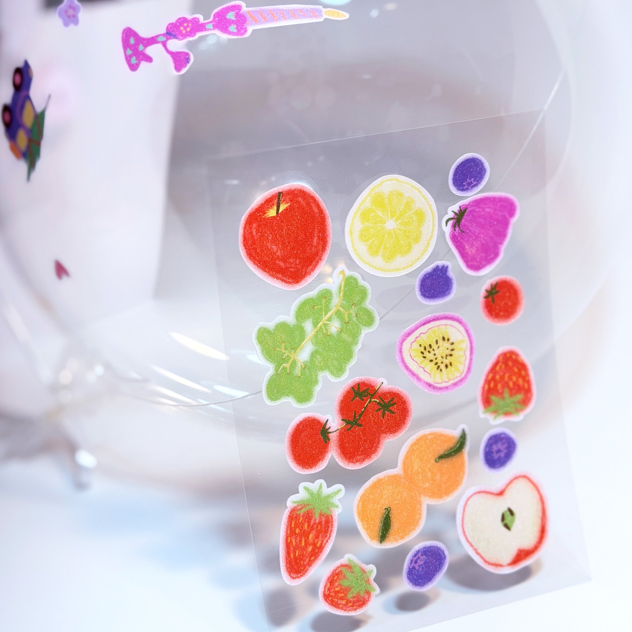 Cute Glitter Illustrated Sticker Sheet  - fruits