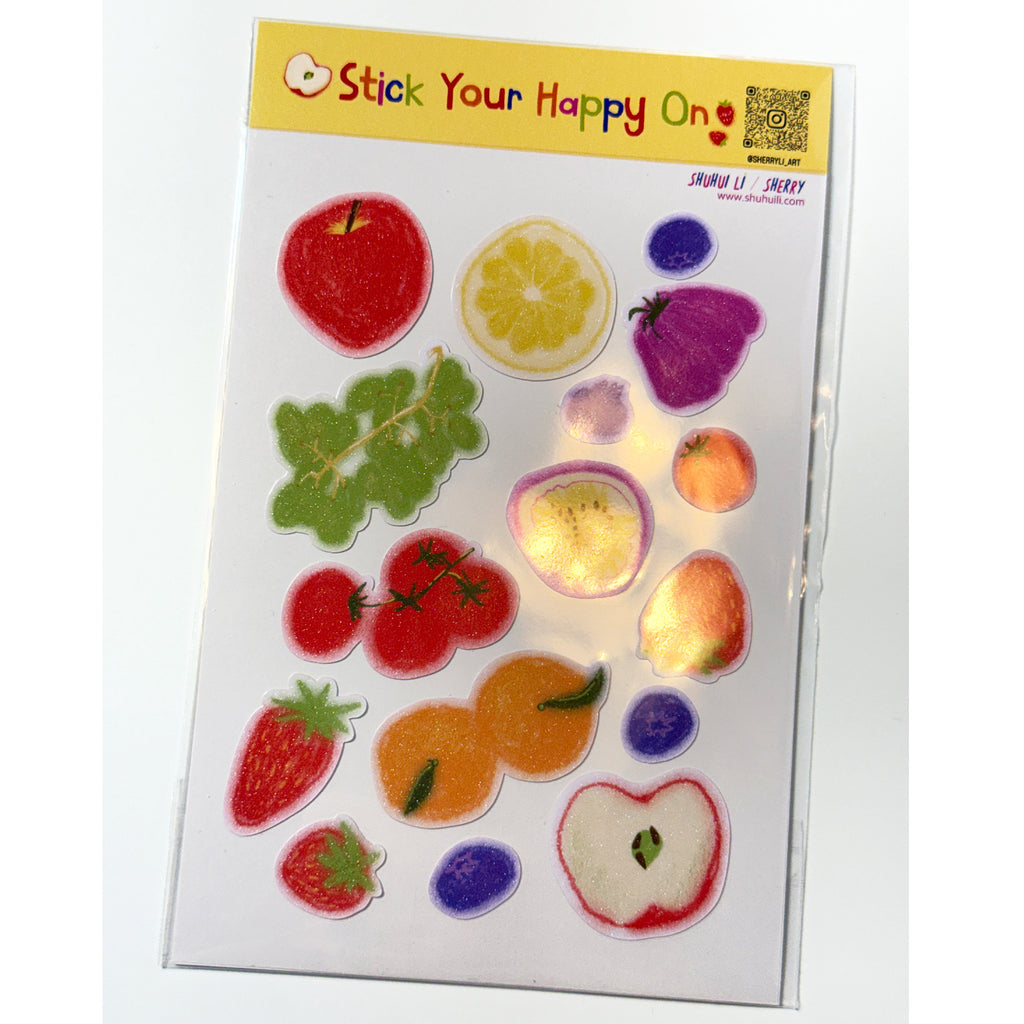 Cute Glitter Illustrated Sticker Sheet  - fruits