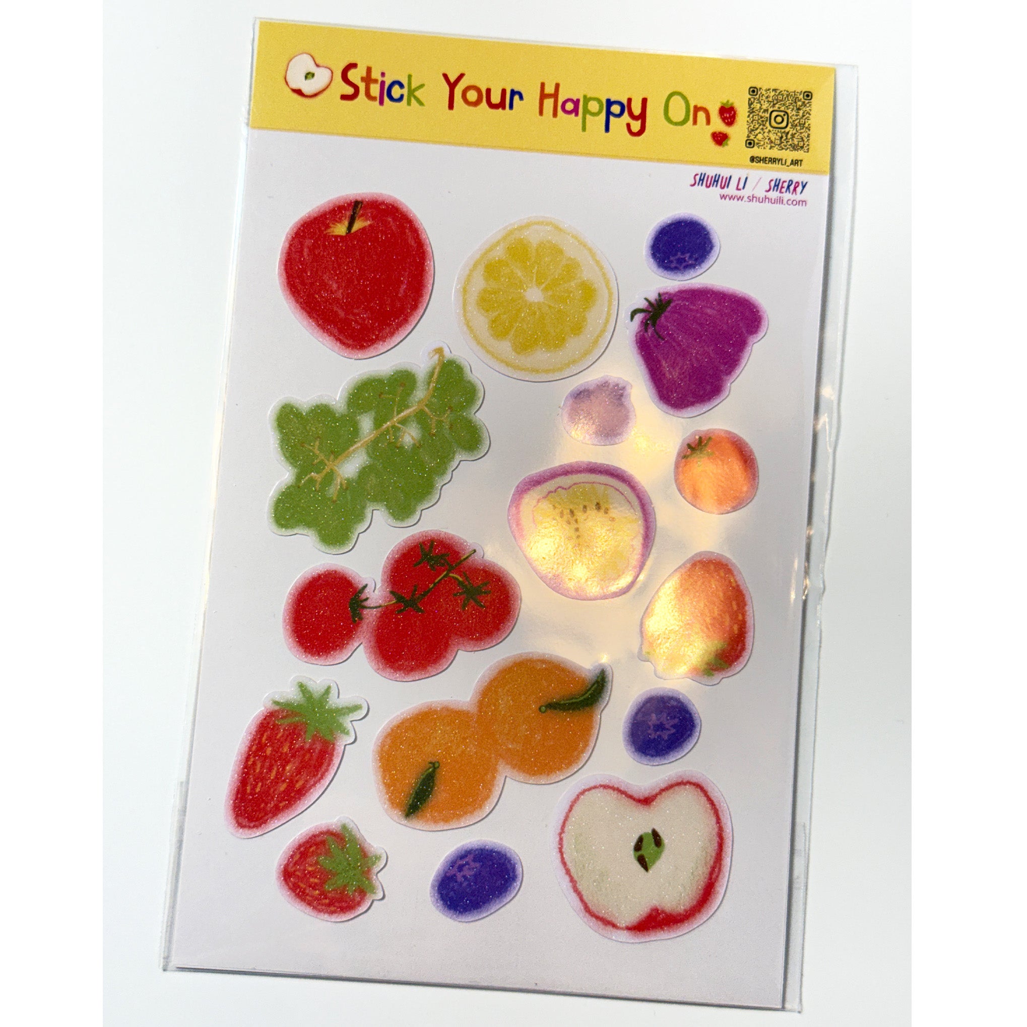 Cute Glitter Illustrated Sticker Sheet  - fruits
