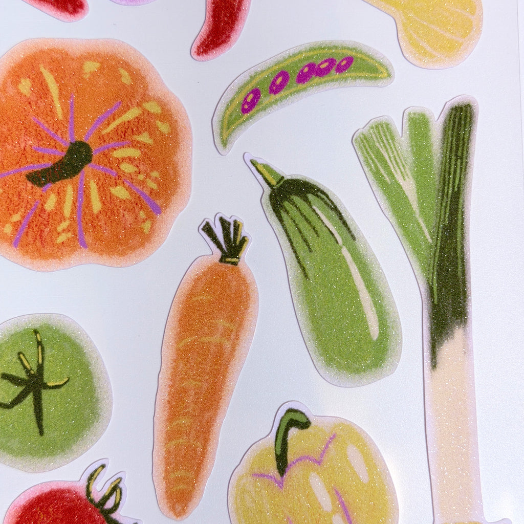 Cute Glitter Illustrated Sticker Sheet  - vegetable
