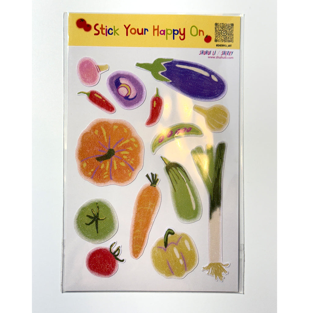 Cute Glitter Illustrated Sticker Sheet  - vegetable